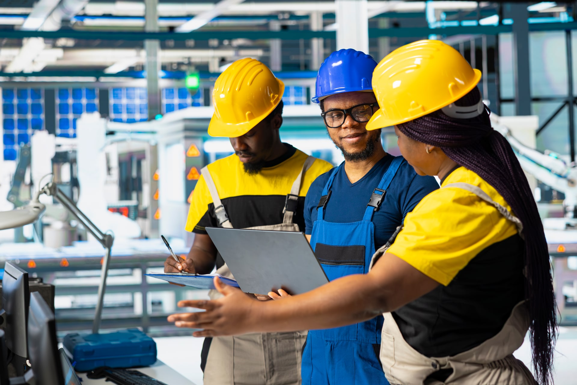 Three professionals wearing hard hats review a laptop and clipboard in an industrial facility