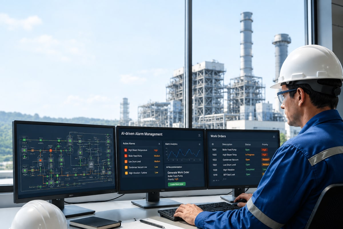 Control-room engineer monitoring SCADA displays for an industrial power installation